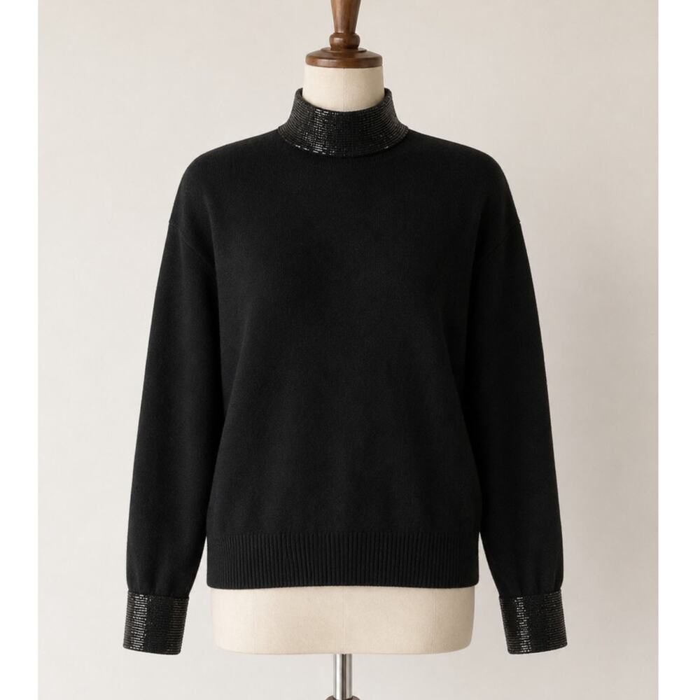 Vintage 80s Calvin Klein Sweater Black Wool Silk Angora Beaded Turtleneck Small